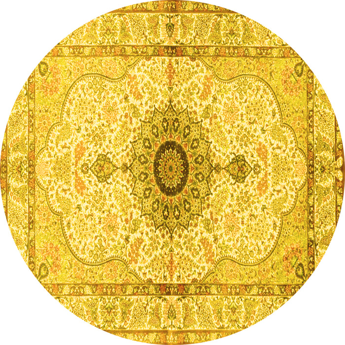 Round Machine Washable Medallion Yellow Traditional Rug, wshtr4691yw
