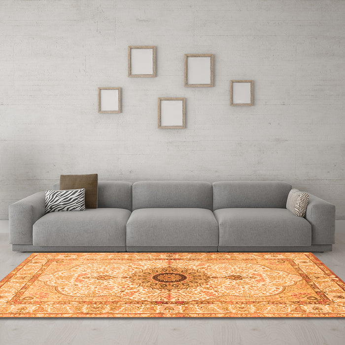 Machine Washable Medallion Orange Traditional Area Rugs in a Living Room, wshtr4691org