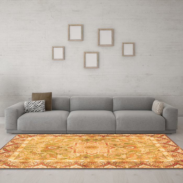 Machine Washable Medallion Orange Traditional Area Rugs in a Living Room, wshtr4692org