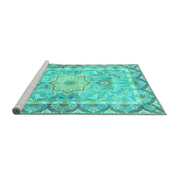 Sideview of Machine Washable Medallion Turquoise Traditional Area Rugs, wshtr4692turq