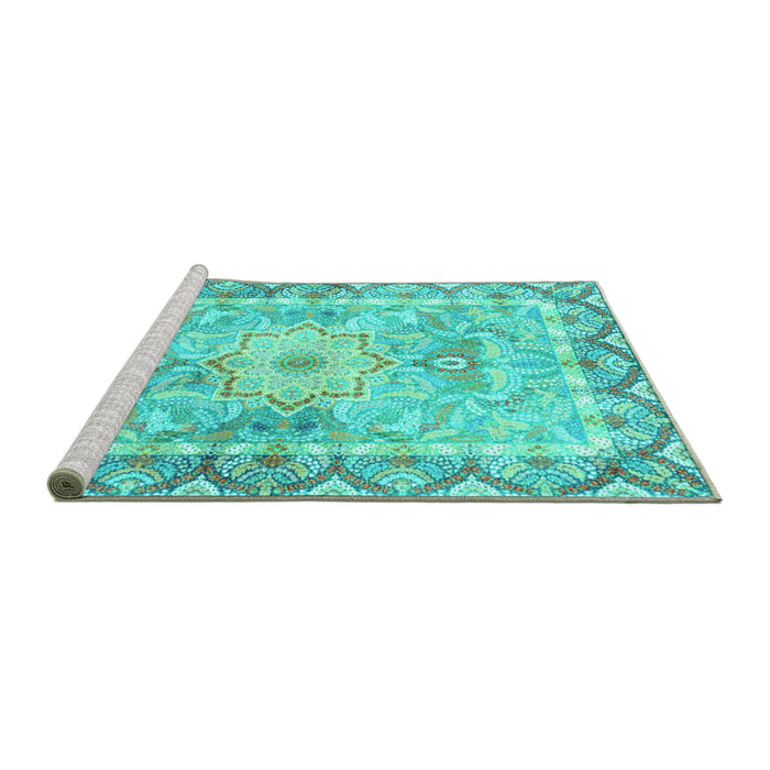 Sideview of Machine Washable Medallion Turquoise Traditional Area Rugs, wshtr4692turq
