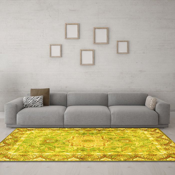 Machine Washable Medallion Yellow Traditional Rug in a Living Room, wshtr4692yw