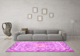 Machine Washable Medallion Pink Traditional Rug in a Living Room, wshtr4692pnk