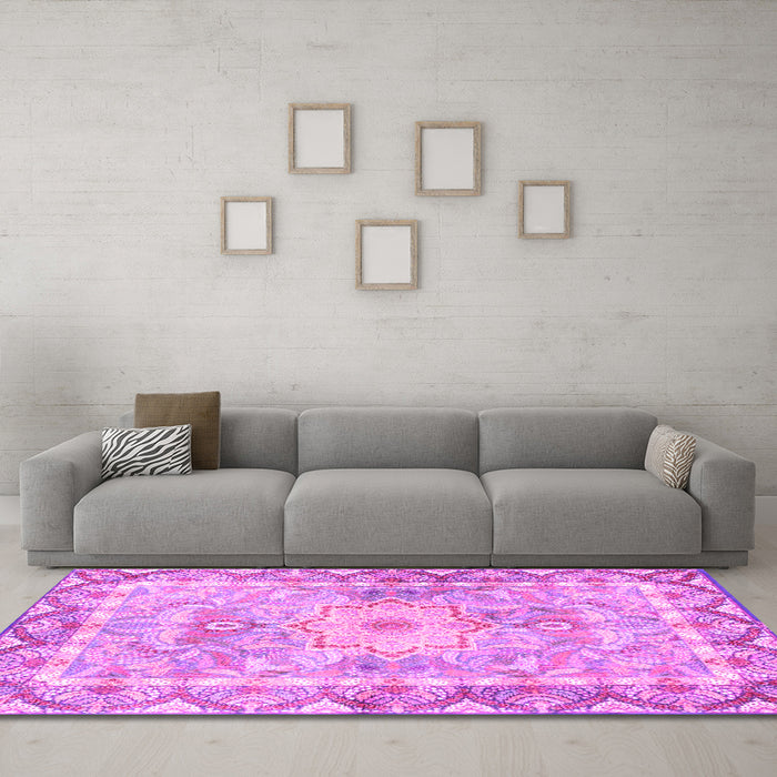 Machine Washable Medallion Pink Traditional Rug in a Living Room, wshtr4692pnk