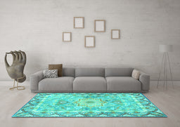 Machine Washable Medallion Turquoise Traditional Area Rugs in a Living Room,, wshtr4692turq