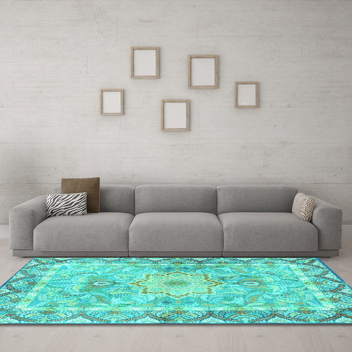 Machine Washable Medallion Turquoise Traditional Area Rugs in a Living Room,, wshtr4692turq