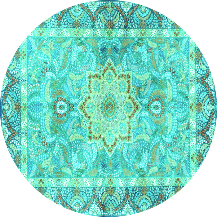 Round Machine Washable Medallion Turquoise Traditional Area Rugs, wshtr4692turq