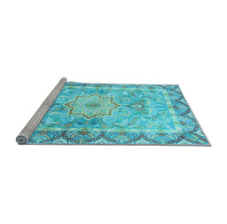 Sideview of Machine Washable Medallion Light Blue Traditional Rug, wshtr4692lblu