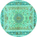 Round Machine Washable Medallion Turquoise Traditional Area Rugs, wshtr4694turq