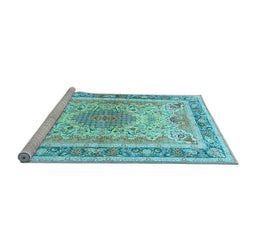 Sideview of Machine Washable Medallion Light Blue Traditional Rug, wshtr4694lblu