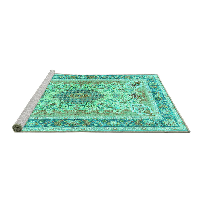 Sideview of Machine Washable Medallion Turquoise Traditional Area Rugs, wshtr4694turq