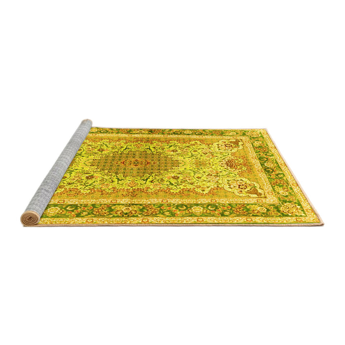 Sideview of Machine Washable Medallion Yellow Traditional Rug, wshtr4694yw