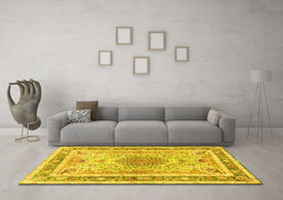 Machine Washable Medallion Yellow Traditional Rug in a Living Room, wshtr4694yw
