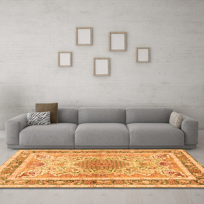 Machine Washable Medallion Orange Traditional Area Rugs in a Living Room, wshtr4694org