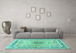 Machine Washable Medallion Turquoise Traditional Area Rugs in a Living Room,, wshtr4694turq