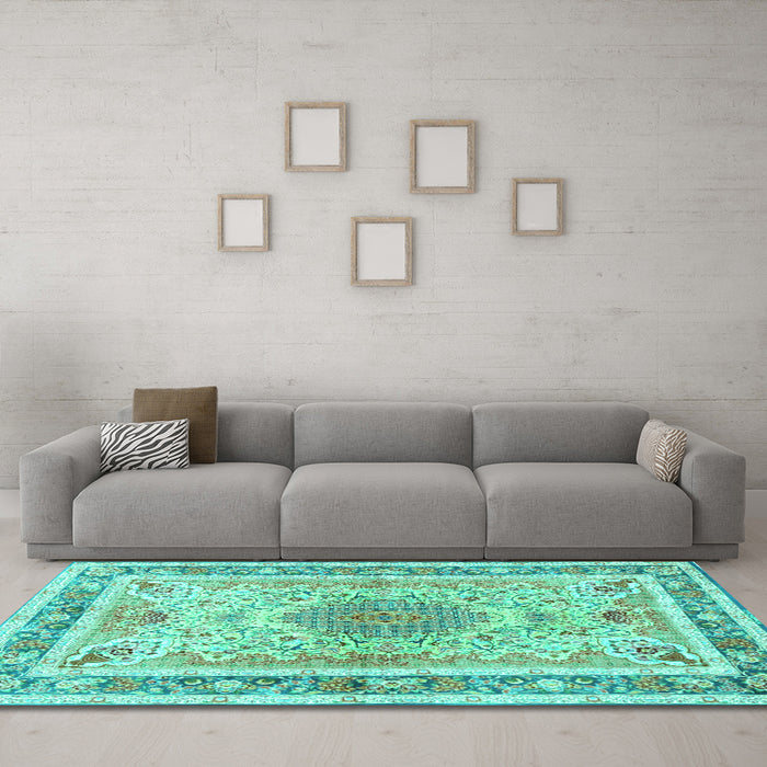 Machine Washable Medallion Turquoise Traditional Area Rugs in a Living Room,, wshtr4694turq