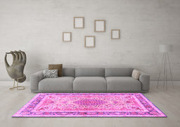 Machine Washable Medallion Pink Traditional Rug in a Living Room, wshtr4694pnk