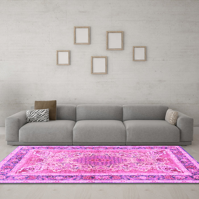 Machine Washable Medallion Pink Traditional Rug in a Living Room, wshtr4694pnk