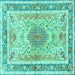 Square Machine Washable Medallion Turquoise Traditional Area Rugs, wshtr4694turq