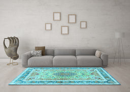 Machine Washable Medallion Light Blue Traditional Rug in a Living Room, wshtr4694lblu