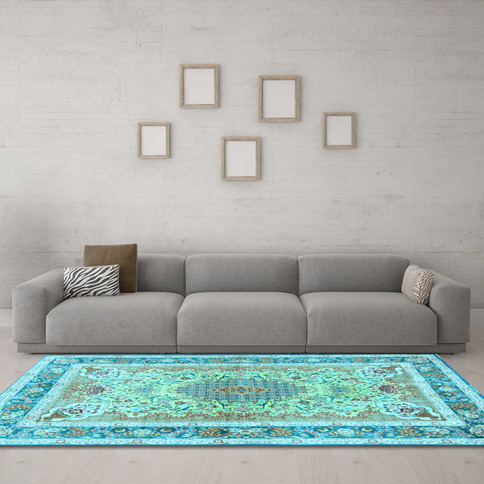 Machine Washable Medallion Light Blue Traditional Rug in a Living Room, wshtr4694lblu