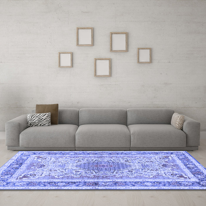 Machine Washable Medallion Blue Traditional Rug in a Living Room, wshtr4694blu