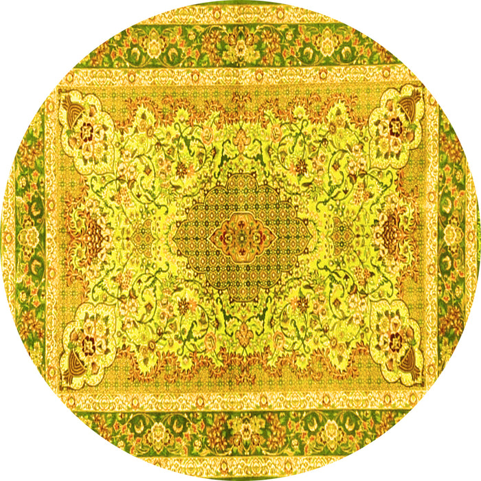 Round Machine Washable Medallion Yellow Traditional Rug, wshtr4694yw