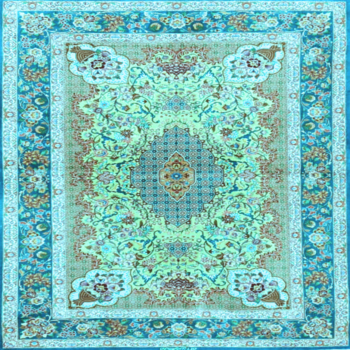 Square Machine Washable Medallion Light Blue Traditional Rug, wshtr4694lblu