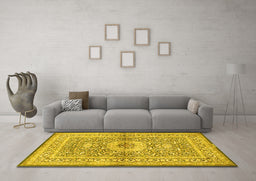 Machine Washable Medallion Yellow Traditional Rug in a Living Room, wshtr4695yw