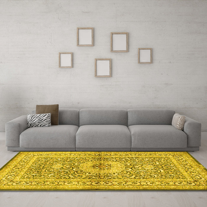 Machine Washable Medallion Yellow Traditional Rug in a Living Room, wshtr4695yw