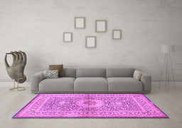 Machine Washable Medallion Pink Traditional Rug in a Living Room, wshtr4695pnk