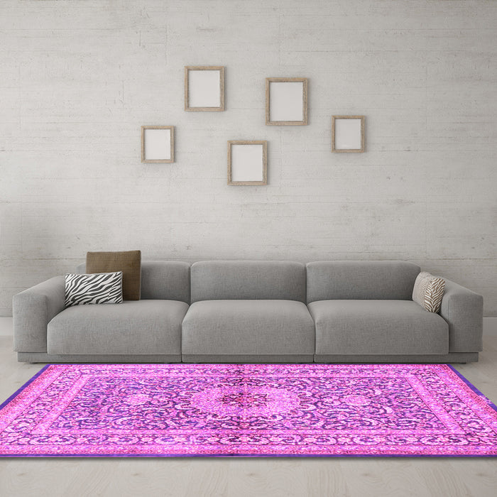 Machine Washable Medallion Pink Traditional Rug in a Living Room, wshtr4695pnk