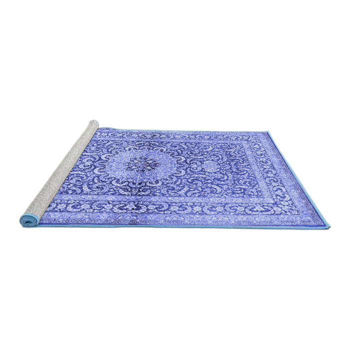 Sideview of Machine Washable Medallion Blue Traditional Rug, wshtr4695blu