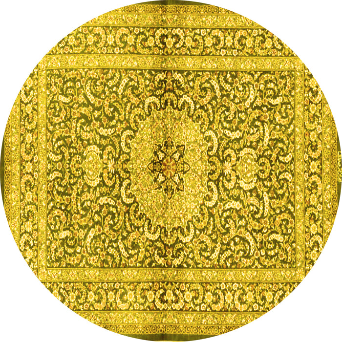 Round Machine Washable Medallion Yellow Traditional Rug, wshtr4695yw
