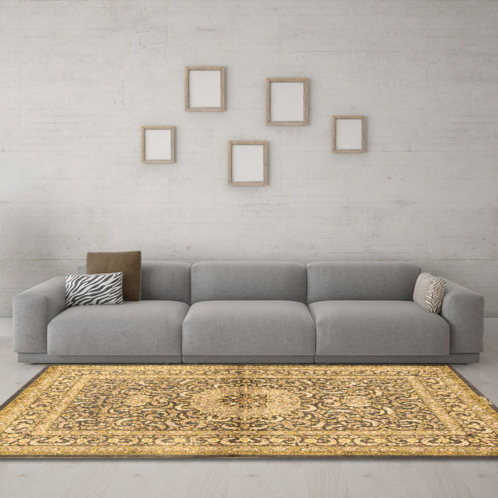 Machine Washable Medallion Brown Traditional Rug in a Living Room,, wshtr4695brn