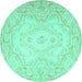 Round Machine Washable Persian Turquoise Traditional Area Rugs, wshtr4696turq