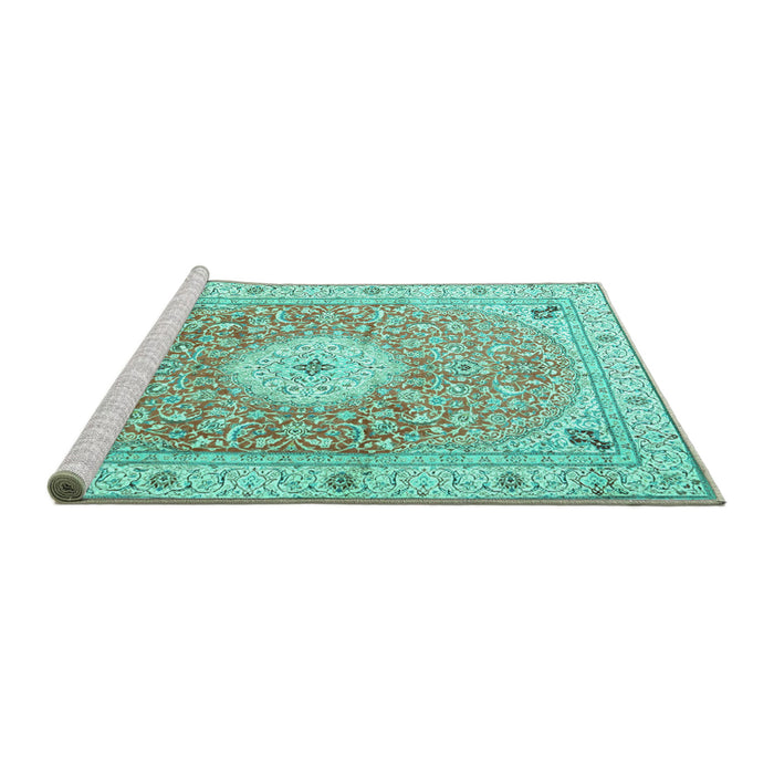 Sideview of Machine Washable Medallion Turquoise Traditional Area Rugs, wshtr4697turq
