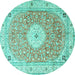 Round Machine Washable Medallion Turquoise Traditional Area Rugs, wshtr4697turq