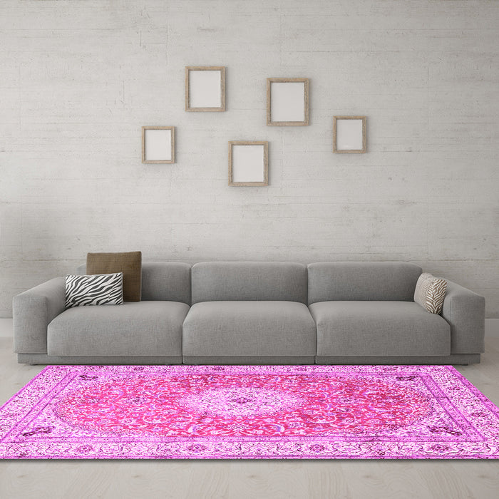 Machine Washable Medallion Pink Traditional Rug in a Living Room, wshtr4697pnk
