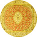 Round Machine Washable Medallion Yellow Traditional Rug, wshtr4697yw