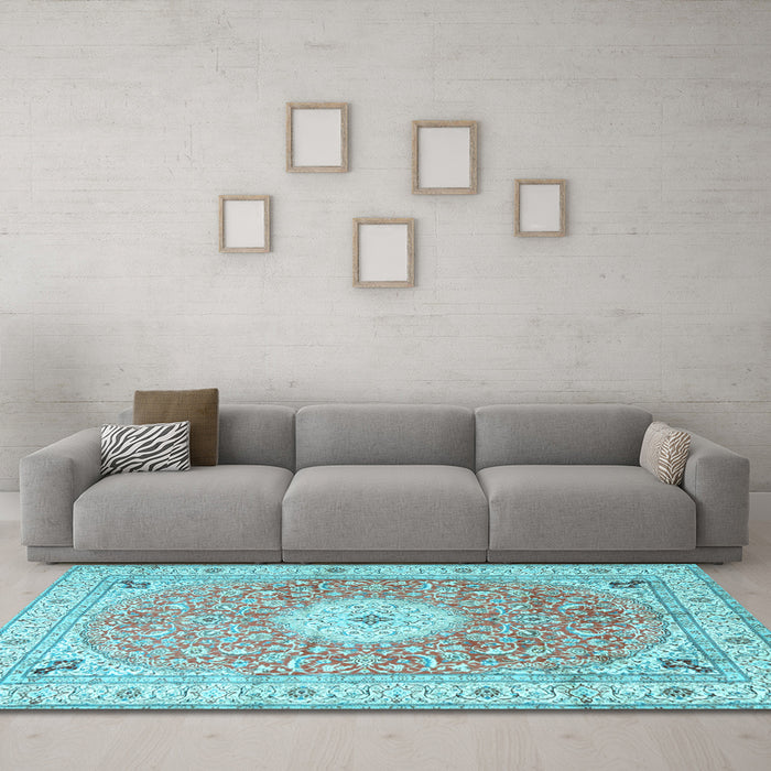 Machine Washable Medallion Light Blue Traditional Rug in a Living Room, wshtr4697lblu