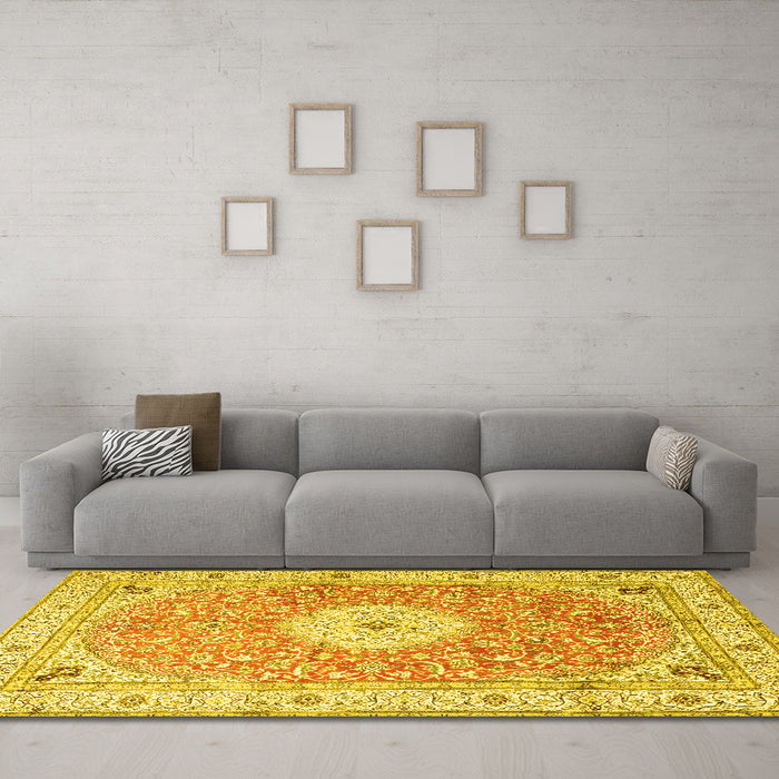 Machine Washable Medallion Yellow Traditional Rug in a Living Room, wshtr4697yw