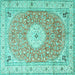 Square Machine Washable Medallion Turquoise Traditional Area Rugs, wshtr4697turq
