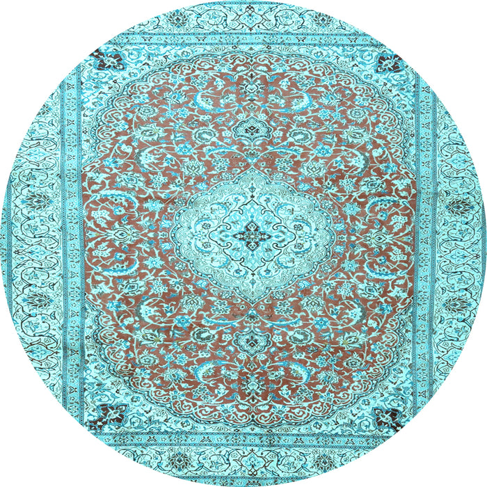 Round Machine Washable Medallion Light Blue Traditional Rug, wshtr4697lblu