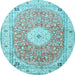 Round Machine Washable Medallion Light Blue Traditional Rug, wshtr4697lblu