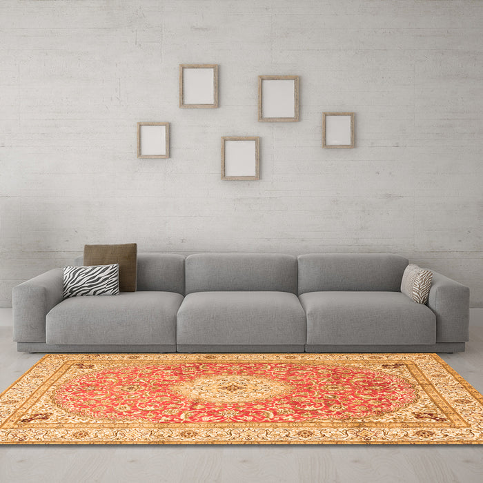 Machine Washable Medallion Orange Traditional Area Rugs in a Living Room, wshtr4697org