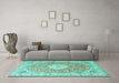 Machine Washable Medallion Turquoise Traditional Area Rugs in a Living Room,, wshtr4697turq