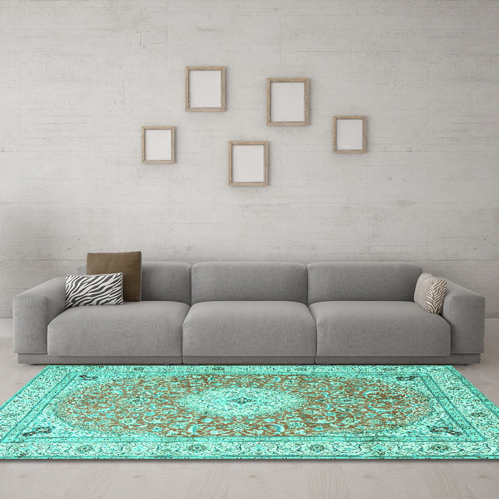 Machine Washable Medallion Turquoise Traditional Area Rugs in a Living Room,, wshtr4697turq