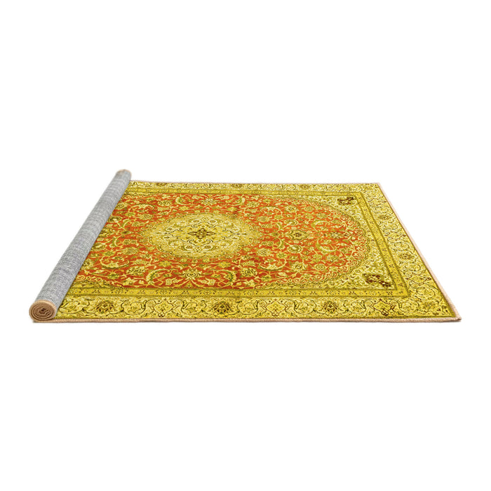 Sideview of Machine Washable Medallion Yellow Traditional Rug, wshtr4697yw