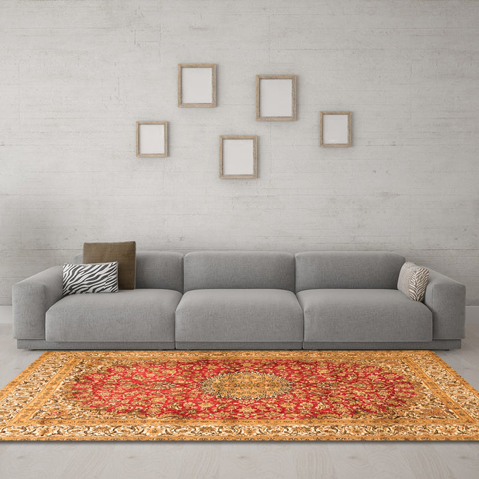Machine Washable Oriental Orange Traditional Area Rugs in a Living Room, wshtr4698org